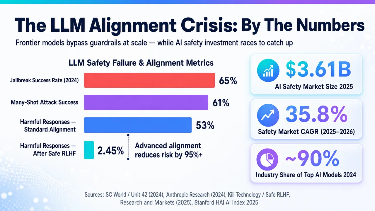 Infographic detailing LLM alignment crisis metrics, showing high failure rates and safety market growth, illustrating AI safety challenges.