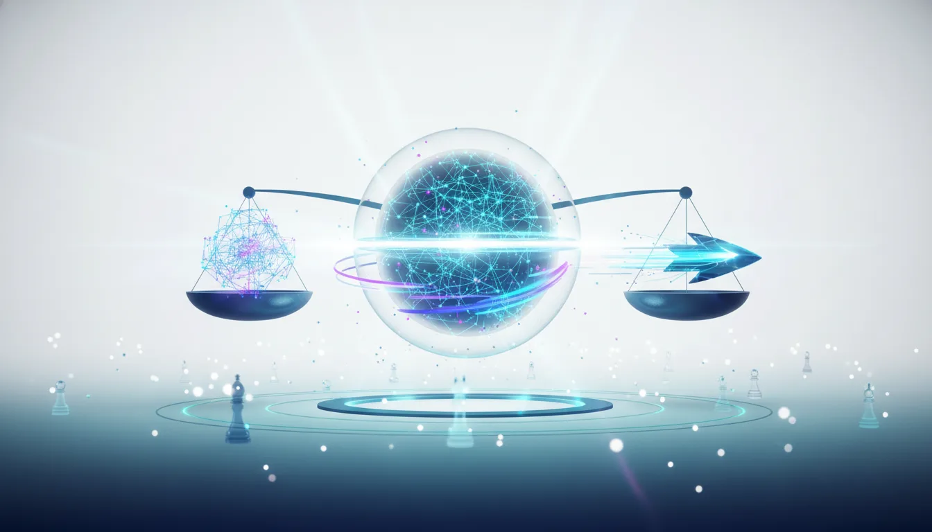 Scales balancing complex AI networks, representing the trade-off between Grok 4.1's thinking and speed modes.