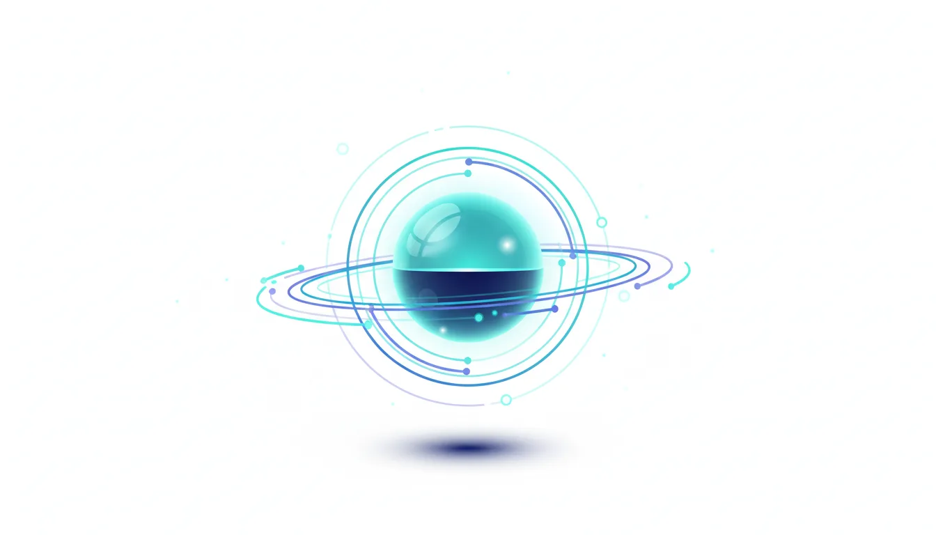 Abstract glowing sphere with orbiting rings and nodes, representing AI technology and data flow.