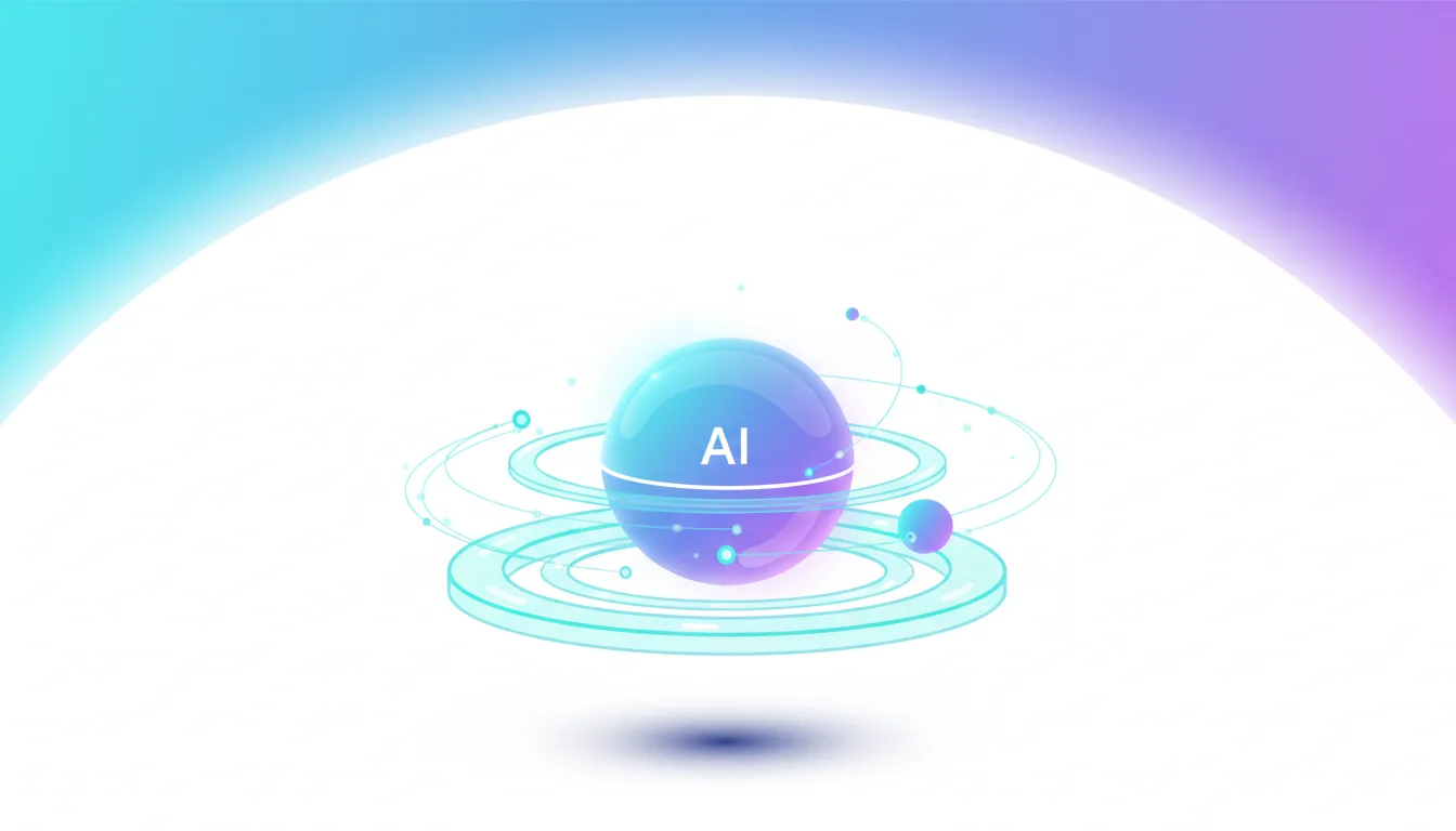 Abstract sphere labeled AI with glowing rings and particles, representing AI integration and development.