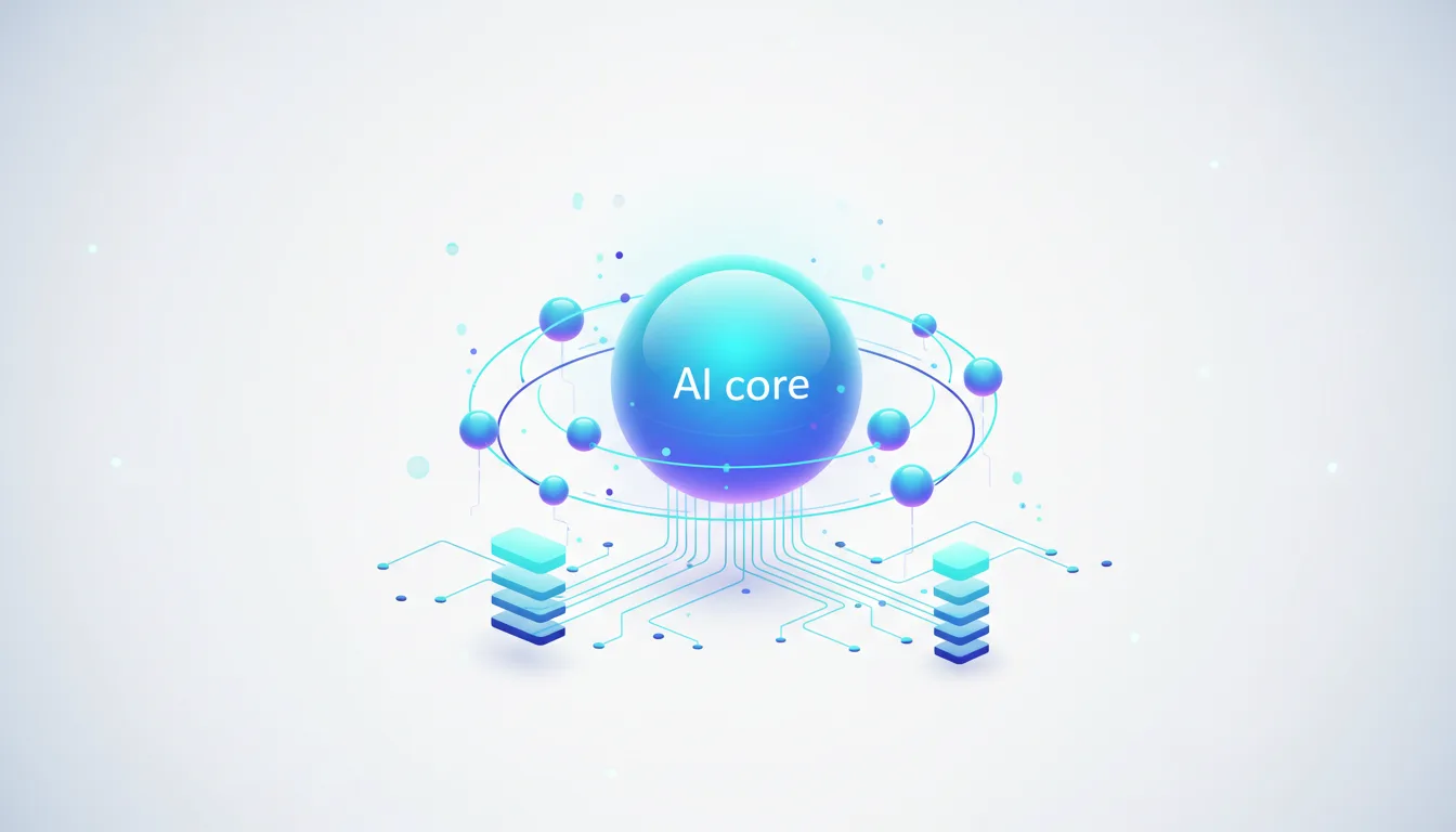 Abstract visualization of an AI core with interconnected nodes and data stacks, representing AI development and infrastructure.
