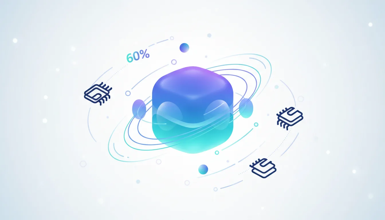 Abstract 3D cube with swirling lines and chip icons, indicating 60% cost savings for AI performance.