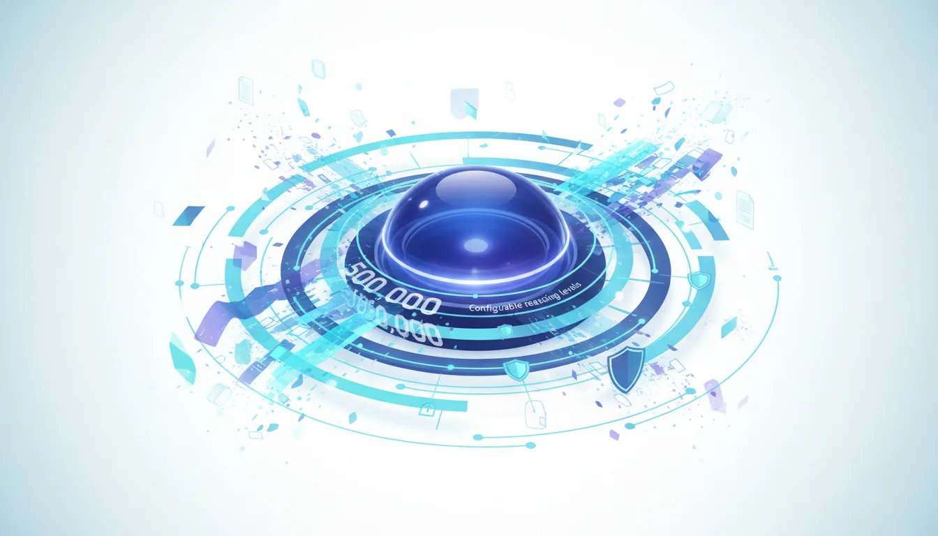 Abstract futuristic interface with glowing blue orb, displaying 500,000 context and configurable reasoning levels.