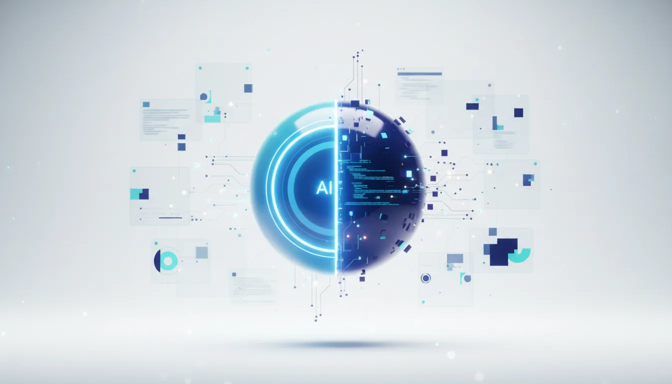 Abstract sphere with 'AI' glowing on one side and code on the other, surrounded by data visualizations and circuit board elements.