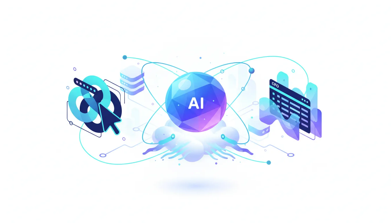Abstract AI graphic showing a central sphere labeled AI connected to icons representing coding, data servers, and financial charts for CFOs.