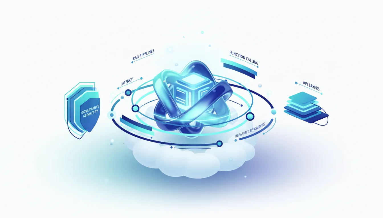 Abstract illustration of AI enterprise readiness with governance, latency, RAG pipelines, function calling, and API layers.