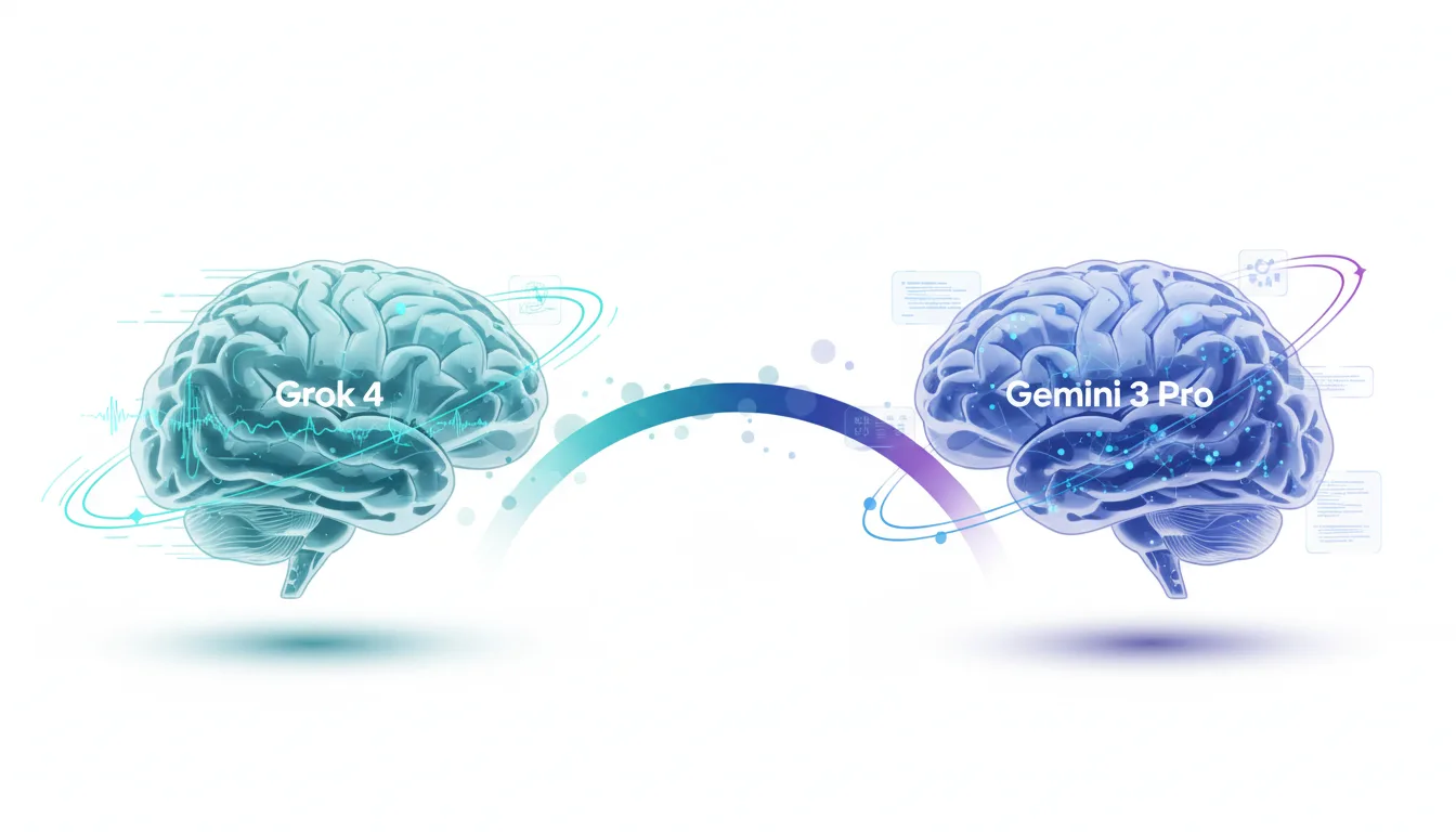 Grok 4 and Gemini 3 Pro AI models represented by stylized human brains connected by a gradient arc.