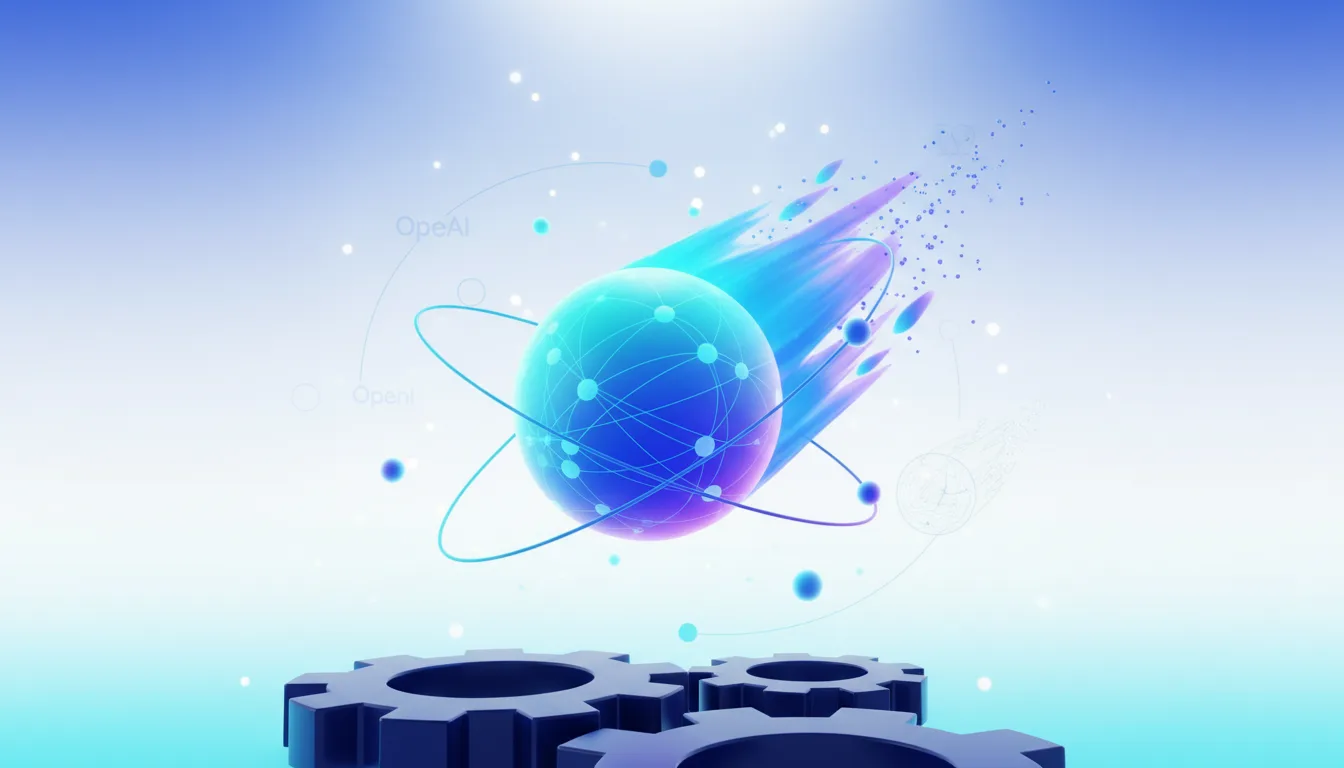 Abstract atomic structure with orbiting spheres and a comet-like trail, representing AI innovation and speed, with gears below.