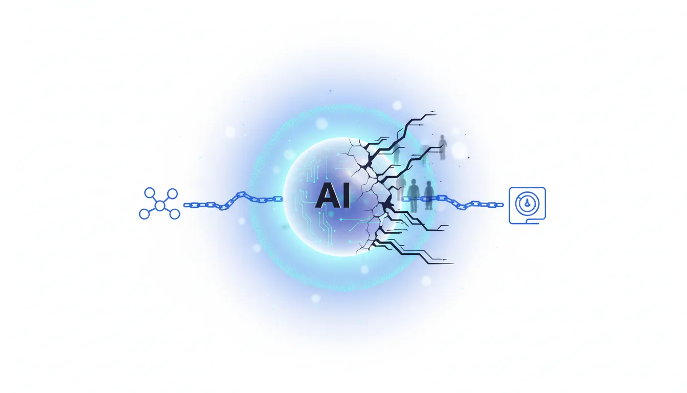 Abstract representation of AI technology cracking and connecting to human figures and a clock icon, symbolizing AI's impact and regulation.