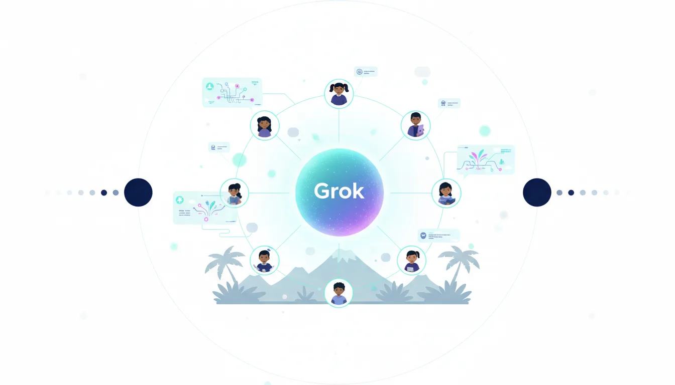 Grok AI central hub connecting diverse student avatars and educational data visualizations, set against a backdrop of mountains and palm trees.