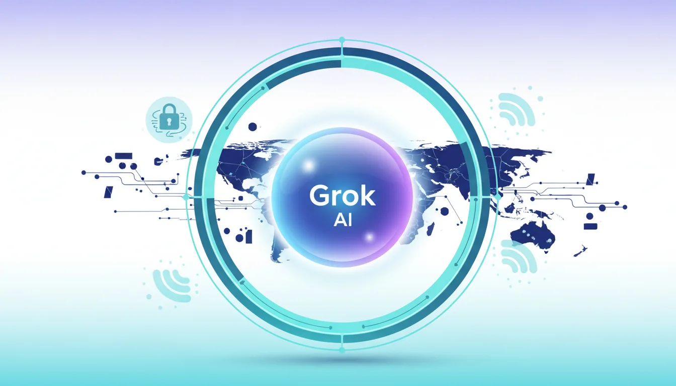 Grok AI logo displayed within a global network diagram, symbolizing international AI regulation and connectivity.