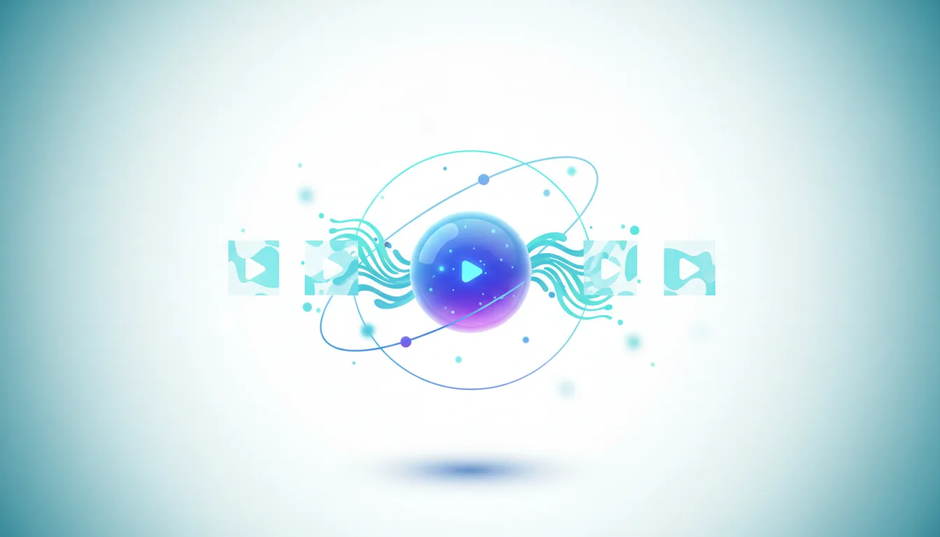 Abstract visualization of a glowing sphere with a play button, surrounded by orbits and digital waves, representing AI video generation.