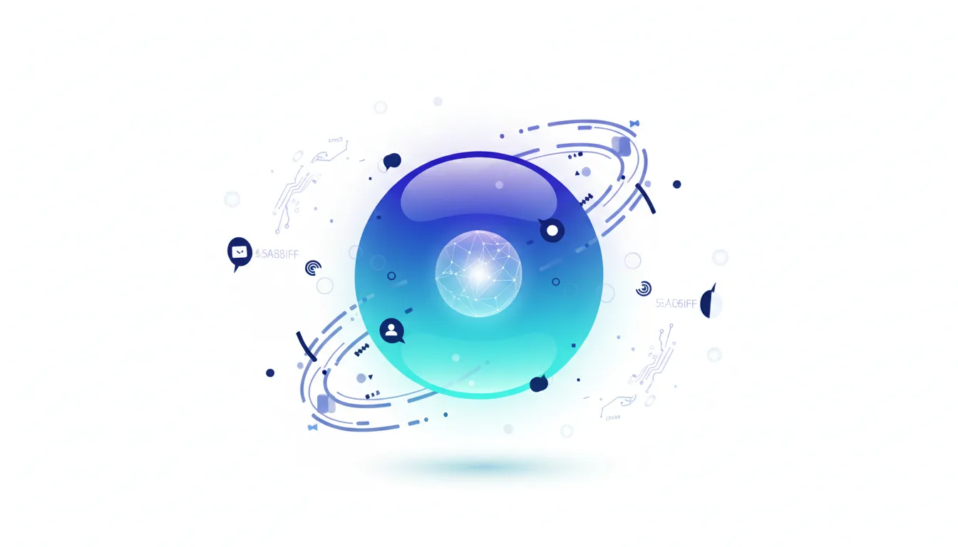 Abstract digital art depicting a glowing orb with network connections and social media icons, symbolizing AI and data analysis.