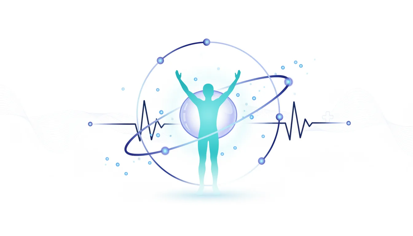 Abstract illustration of a human silhouette within atomic orbits and a heartbeat EKG line, symbolizing AI in healthcare diagnostics.