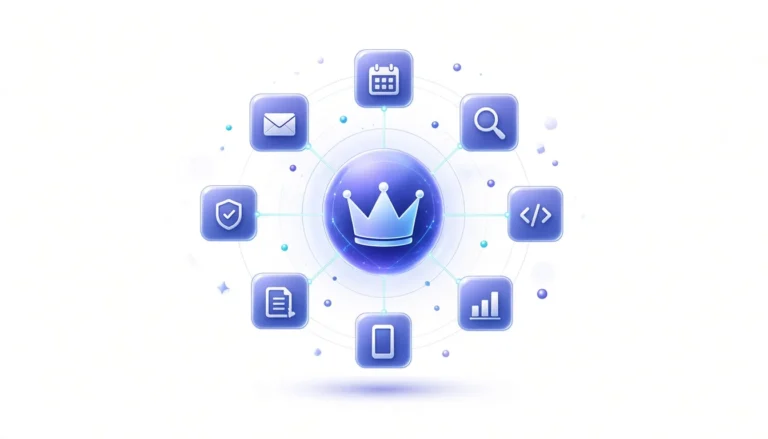 Glossy indigo hub node with a crown connected to eight specialist bot tiles for email, calendar, search, code, charts, phone, documents and a verifier shield