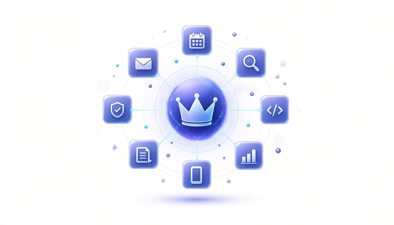 Glossy indigo hub node with a crown connected to eight specialist bot tiles for email, calendar, search, code, charts, phone, documents and a verifier shield