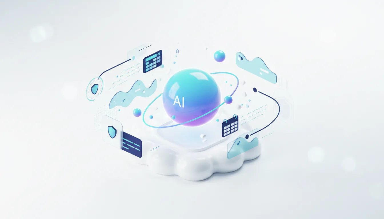 Abstract representation of AI agent technology with a central sphere labeled AI, surrounded by icons for calendar, security, and data analysis.