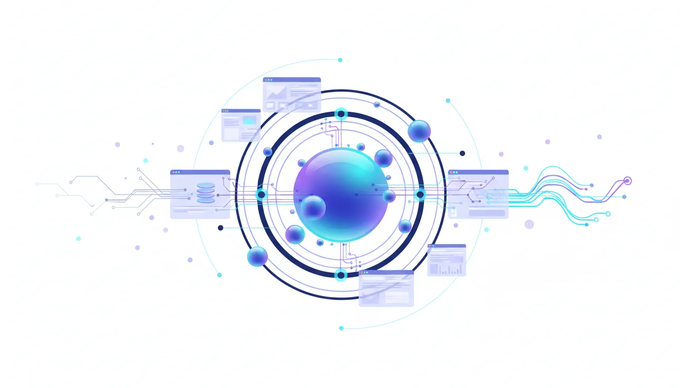 Abstract visualization of a central glowing sphere connected by circuits to multiple interface windows displaying data and charts, representing AI automation.