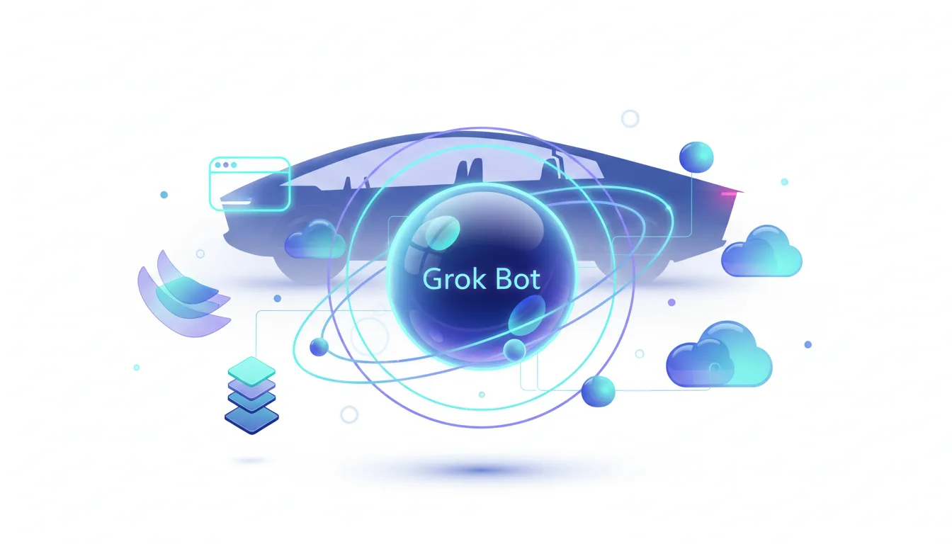 Grok Bot AI interface connected to a futuristic car silhouette with cloud computing elements.
