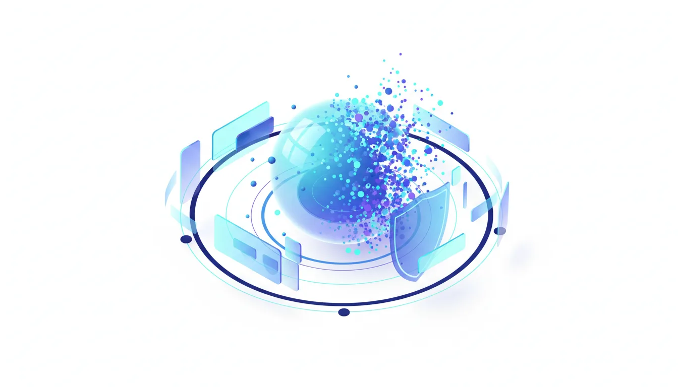 Abstract digital sphere shattering into particles, surrounded by protective shields and data interfaces, symbolizing data privacy and deletion.