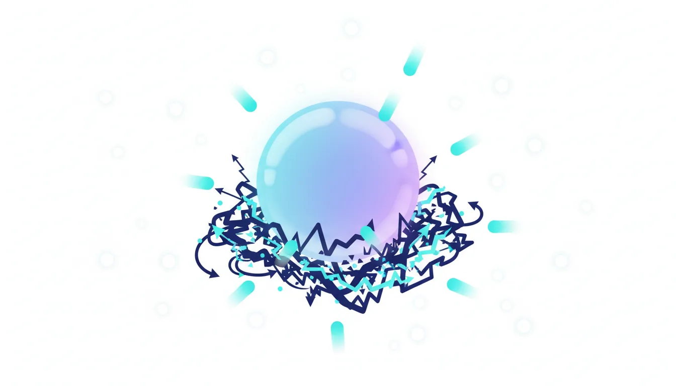 Crystal ball with chaotic market charts and arrows symbolizing AI trading insights and potential risks