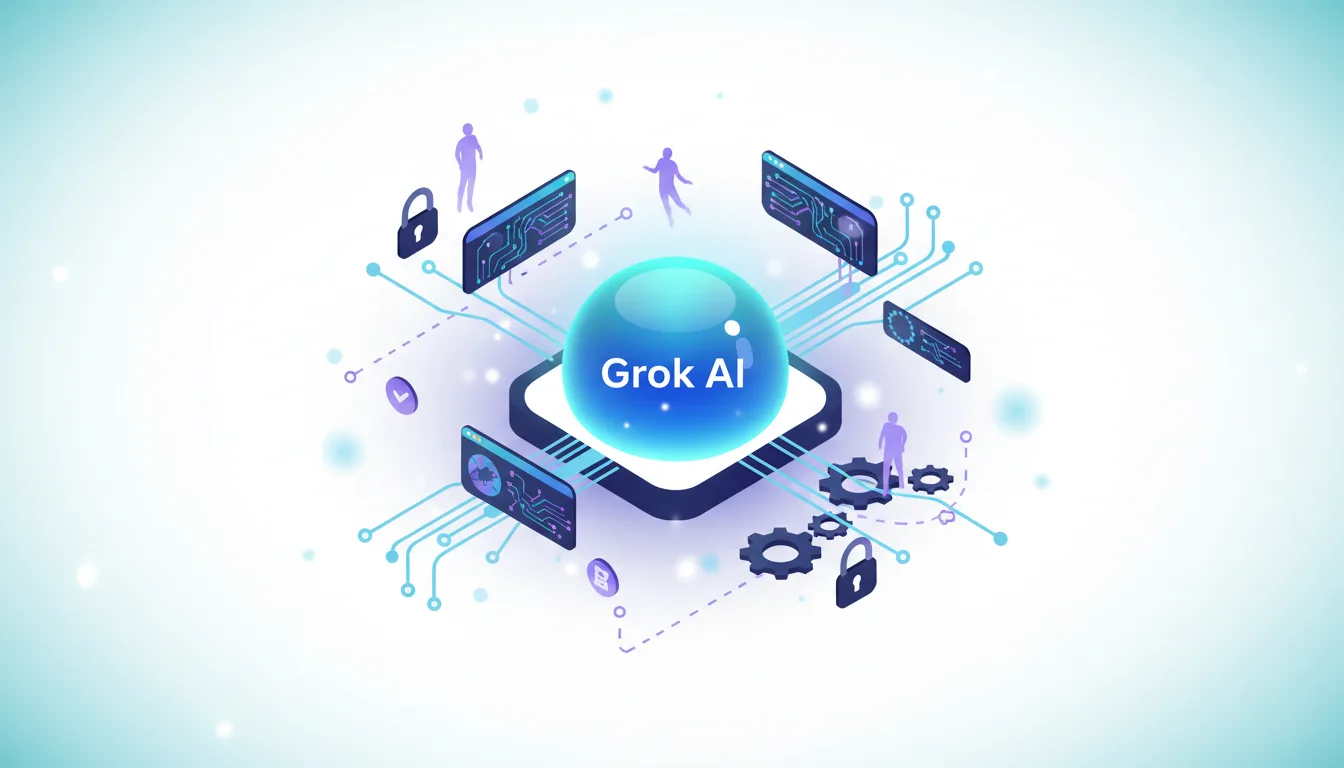 Grok AI central node connected to various modules representing IDE integration, agentic workflows, and security protocols.