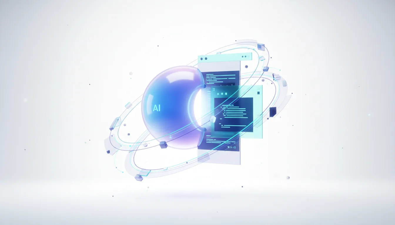 Abstract visualization of AI technology with code snippets and orbiting elements, representing the Grok and Cursor merger.