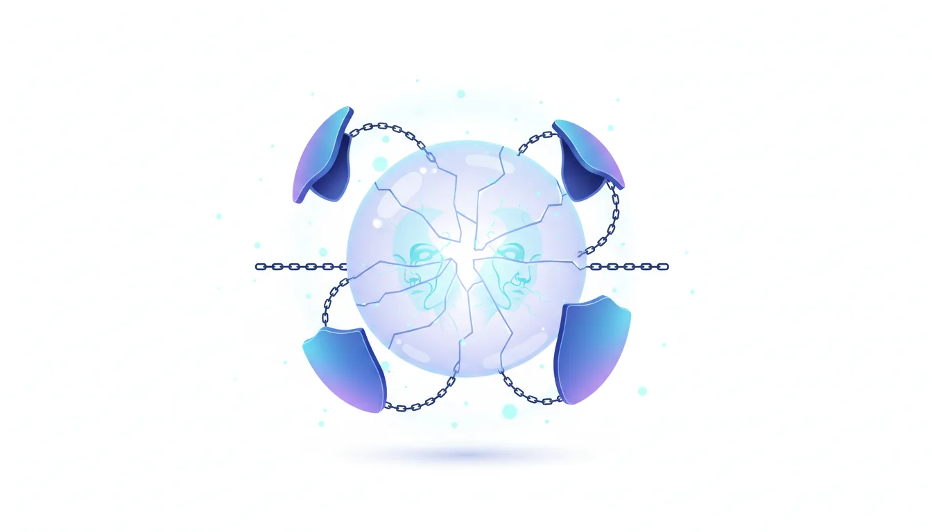 Cracked transparent sphere with faces inside, chained to shields, symbolizing AI safeguard failures and deepfake risks.