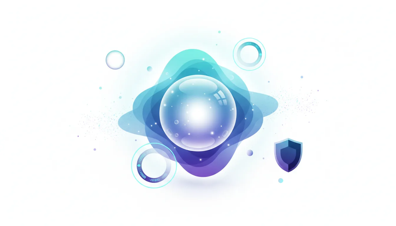 Abstract visualization of a glowing sphere surrounded by fluid shapes, rings, and a shield icon, representing AI development and security.