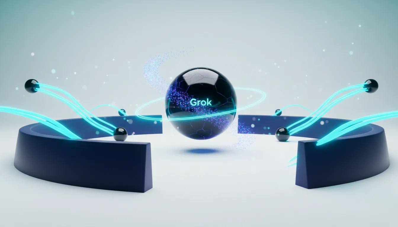 Abstract visualization of the Grok AI model, a dark sphere with glowing blue particles and the text Grok, surrounded by abstract blue energy waves and dark geometric shapes.