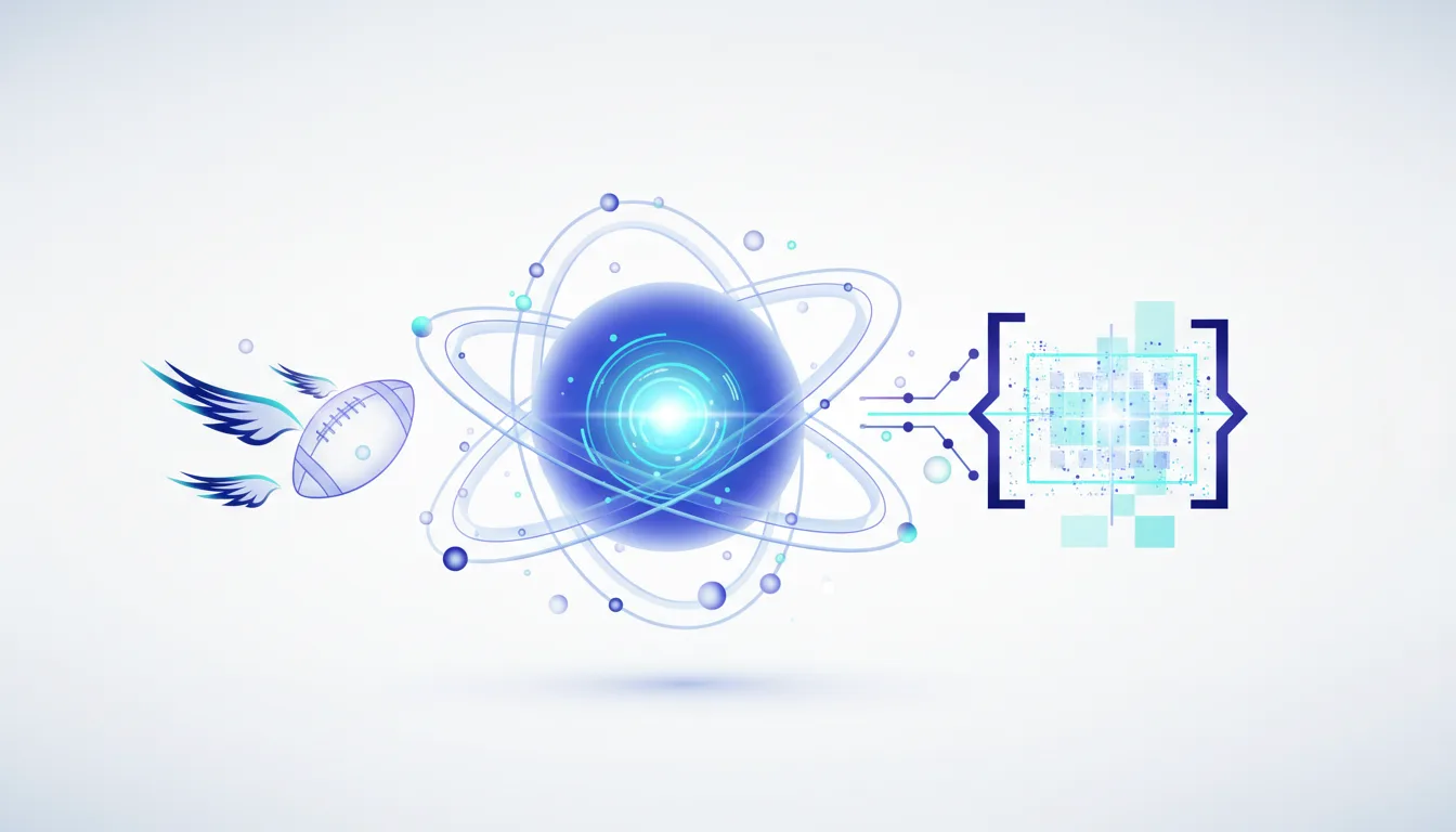 A winged football flies towards a glowing atomic model connected to a digital data interface, symbolizing AI in sports forecasting.
