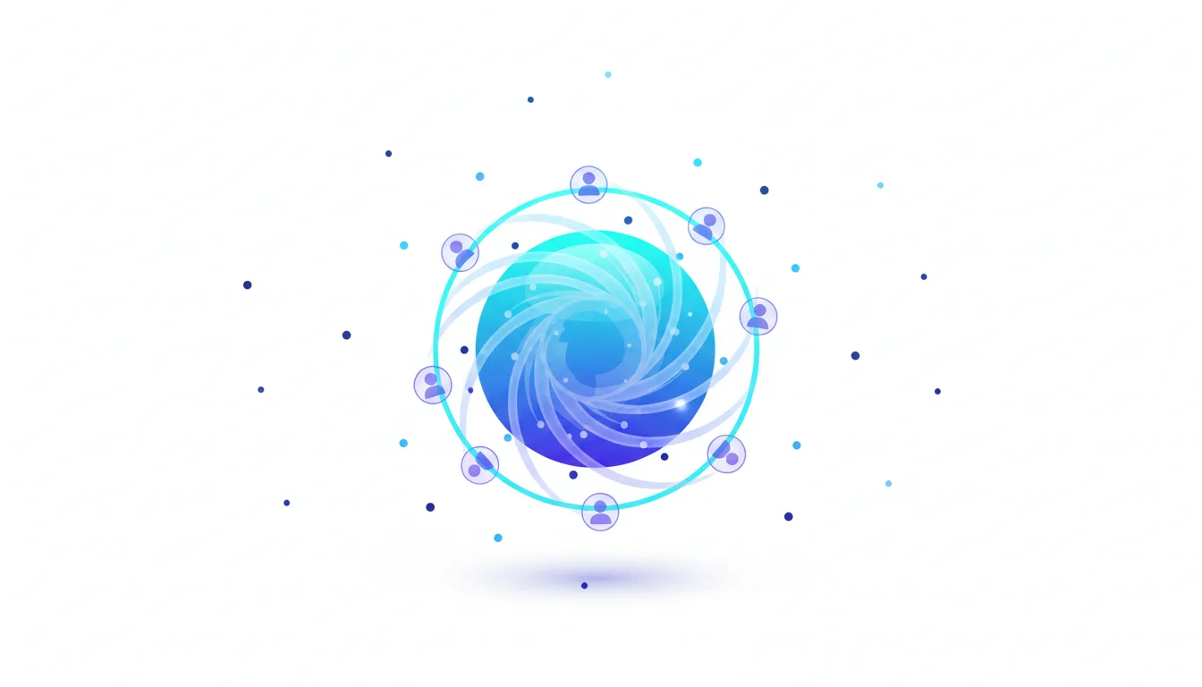 Abstract visualization of a swirling blue orb surrounded by user icons, representing AI engagement and network connections.
