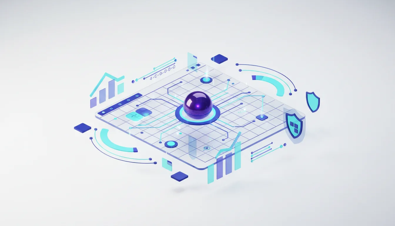 Abstract visualization of AI data analysis with charts, shields, and a central sphere on a grid.