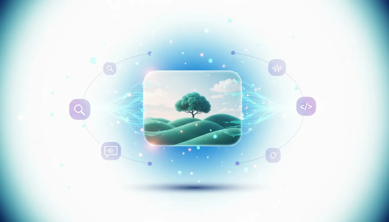 Abstract visualization of AI processing a serene landscape image with a lone tree, surrounded by digital icons representing search, chat, audio, and code.
