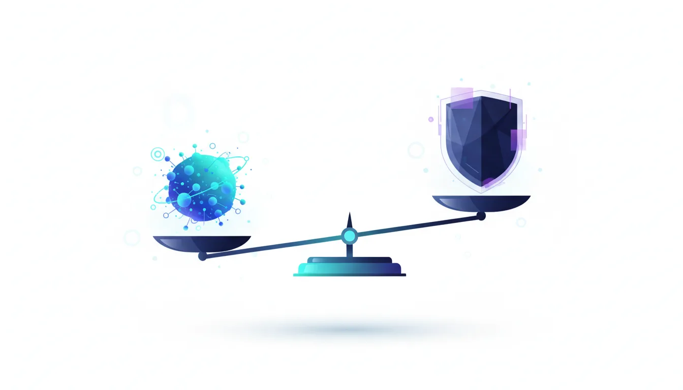 A balance scale weighs a complex virus-like sphere against a digital shield, symbolizing the balance between creative freedom and AI content safety.