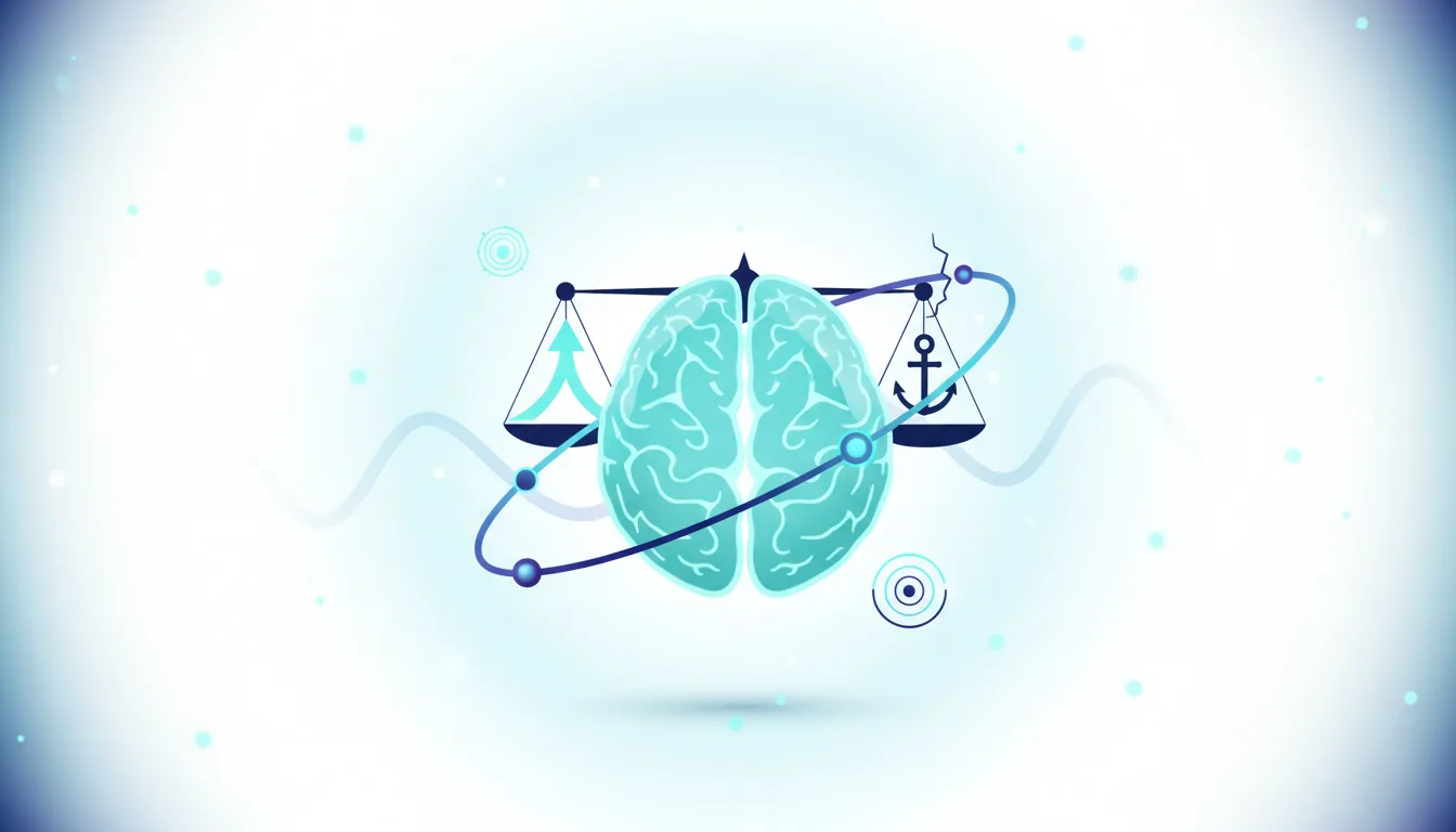 Stylized brain with scales of justice weighing an upward arrow against an anchor, representing AI's diagnostic capabilities versus clinical reality.