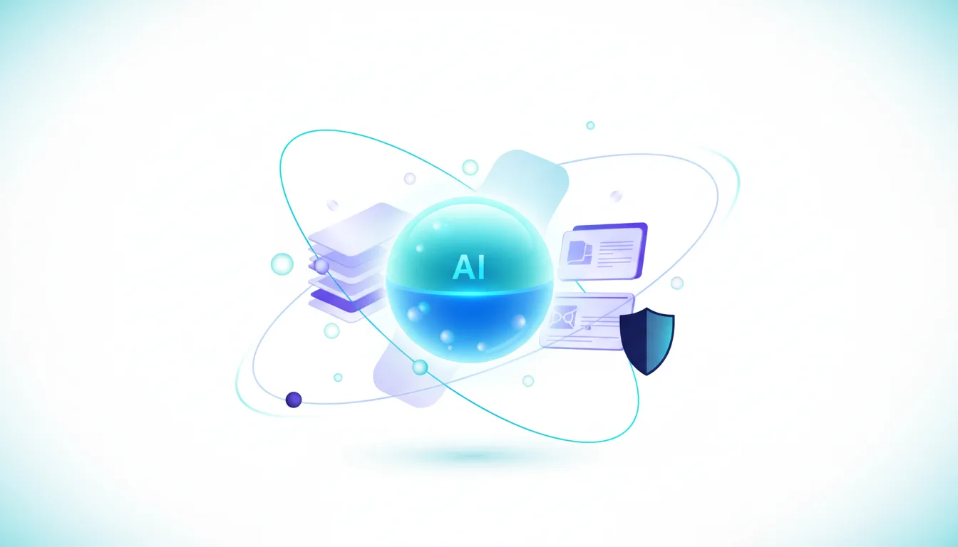 Abstract visualization of AI technology with a central sphere labeled AI, surrounded by orbiting elements representing data, documents, and security.