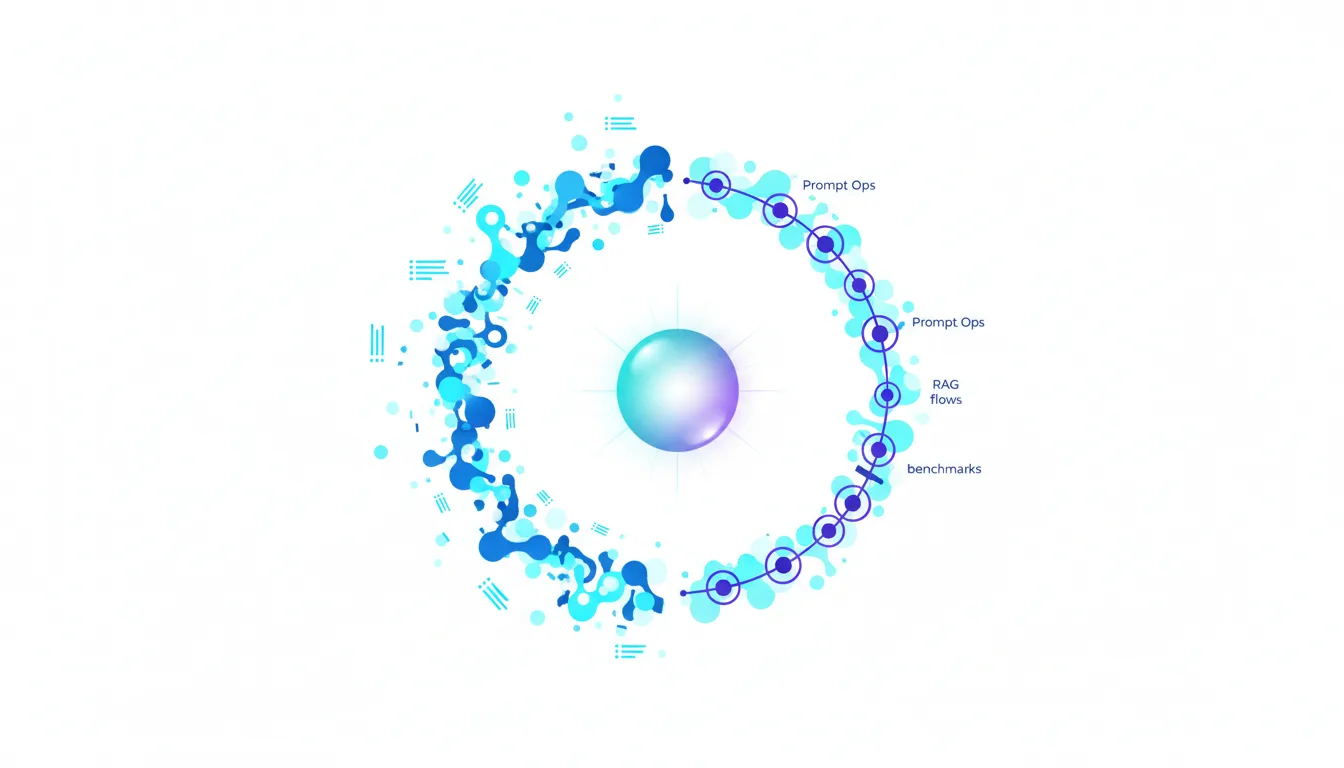 Abstract circular diagram illustrating AI prompt operations, RAG flows, and benchmarks with a central glowing sphere.