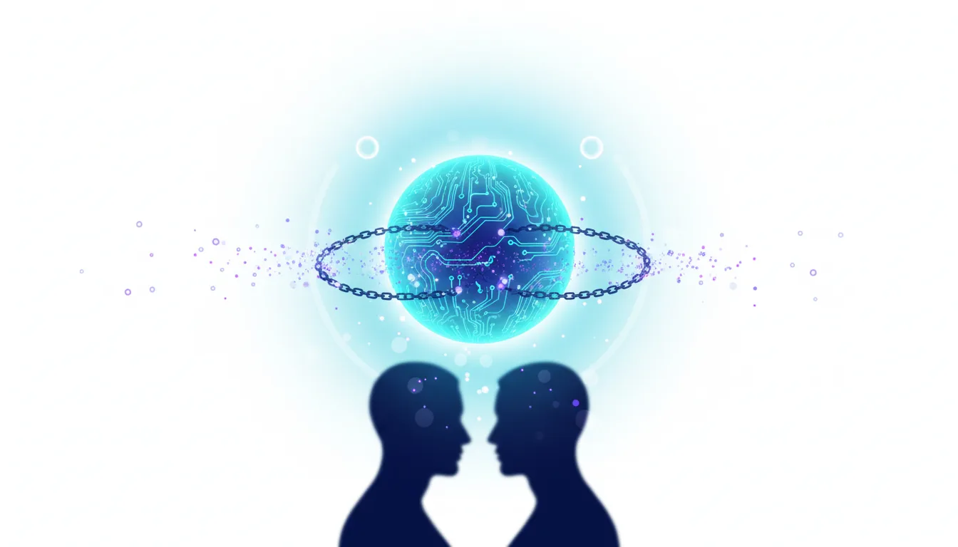 Two silhouetted heads facing each other with a glowing, circuit-board-like sphere connected by a chain between them, symbolizing AI and connection.