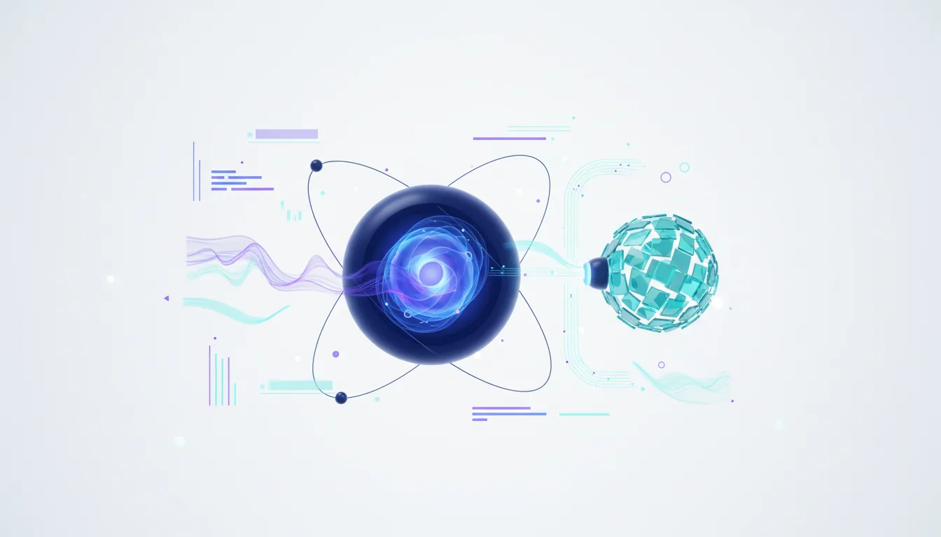 Abstract visualization of a glowing blue core connected to a fragmented sphere, representing AI processing and data integration.