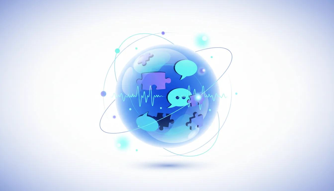 Abstract sphere with puzzle pieces and speech bubbles, representing AI translation and global communication on X.
