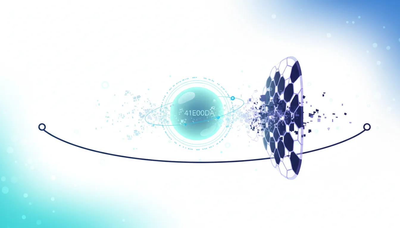 Abstract digital sphere with code 41E00DA being protected by a hexagonal shield from digital particles.