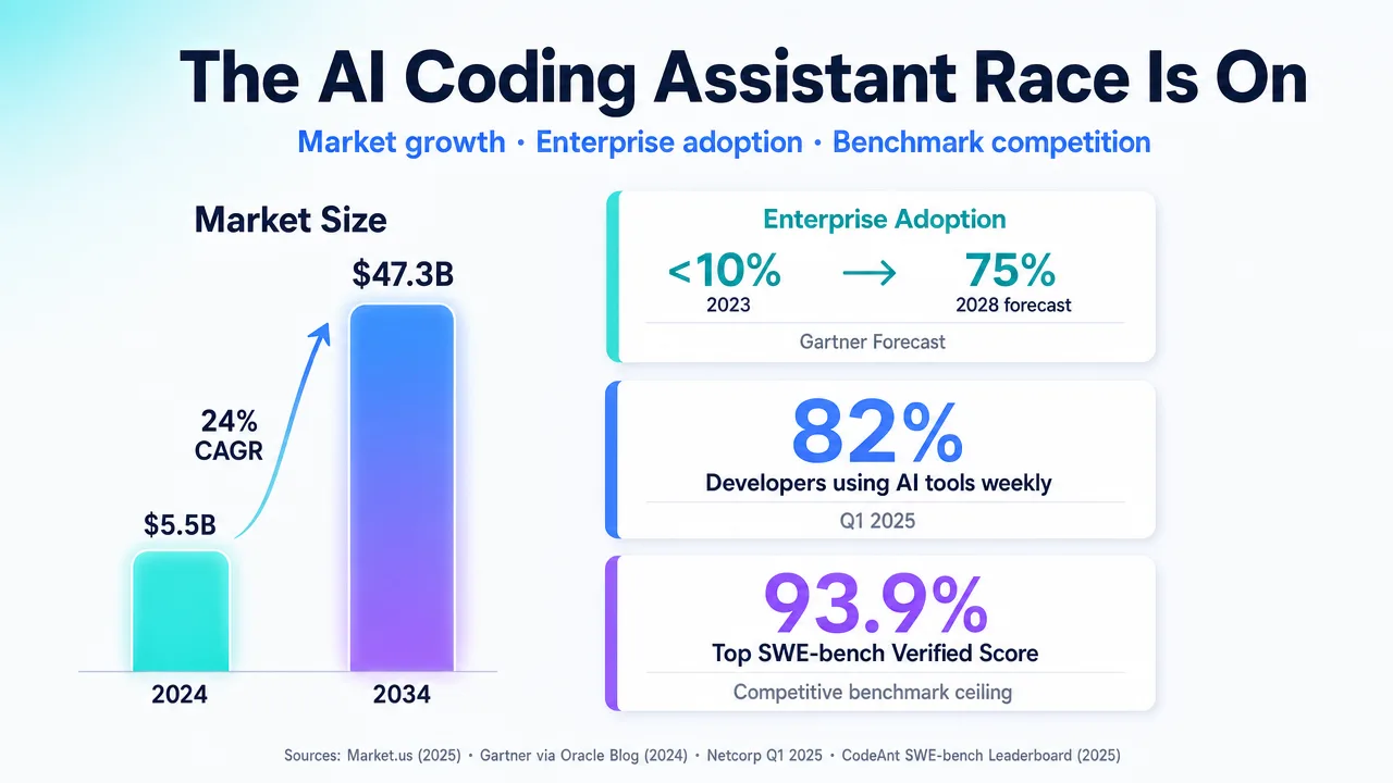 AI coding assistant market growth, enterprise adoption trends, and developer usage statistics with forecasts.