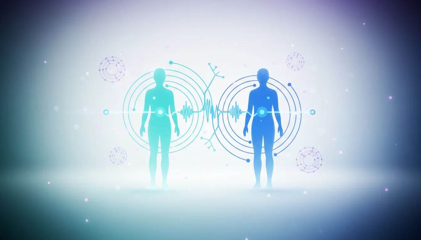 Two stylized human figures connected by audio waveforms and digital circuits, representing AI voice communication.