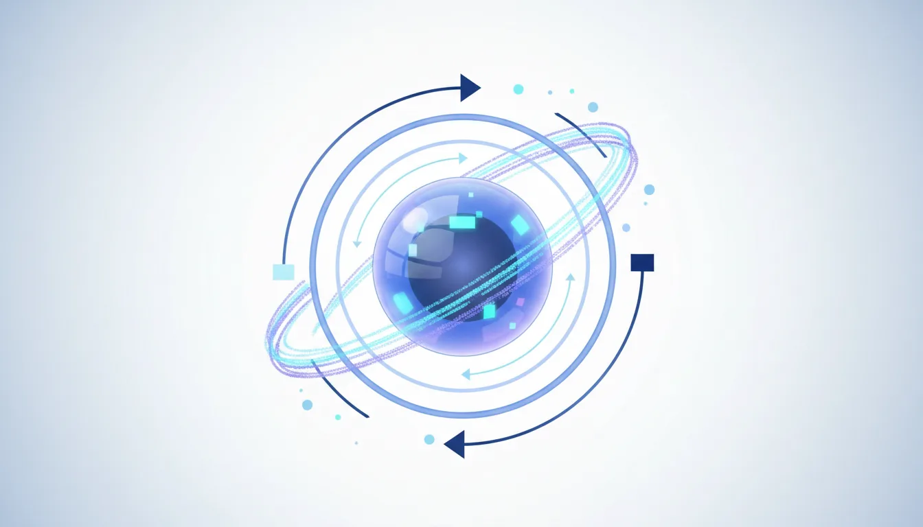 Abstract visualization of a glowing blue sphere with orbiting rings and arrows, representing advanced real-time AI processing.