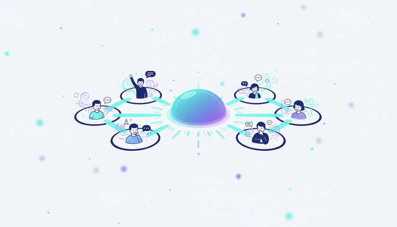 Stylized illustration of diverse people connected to a central glowing orb, symbolizing global communication and content discovery via AI.