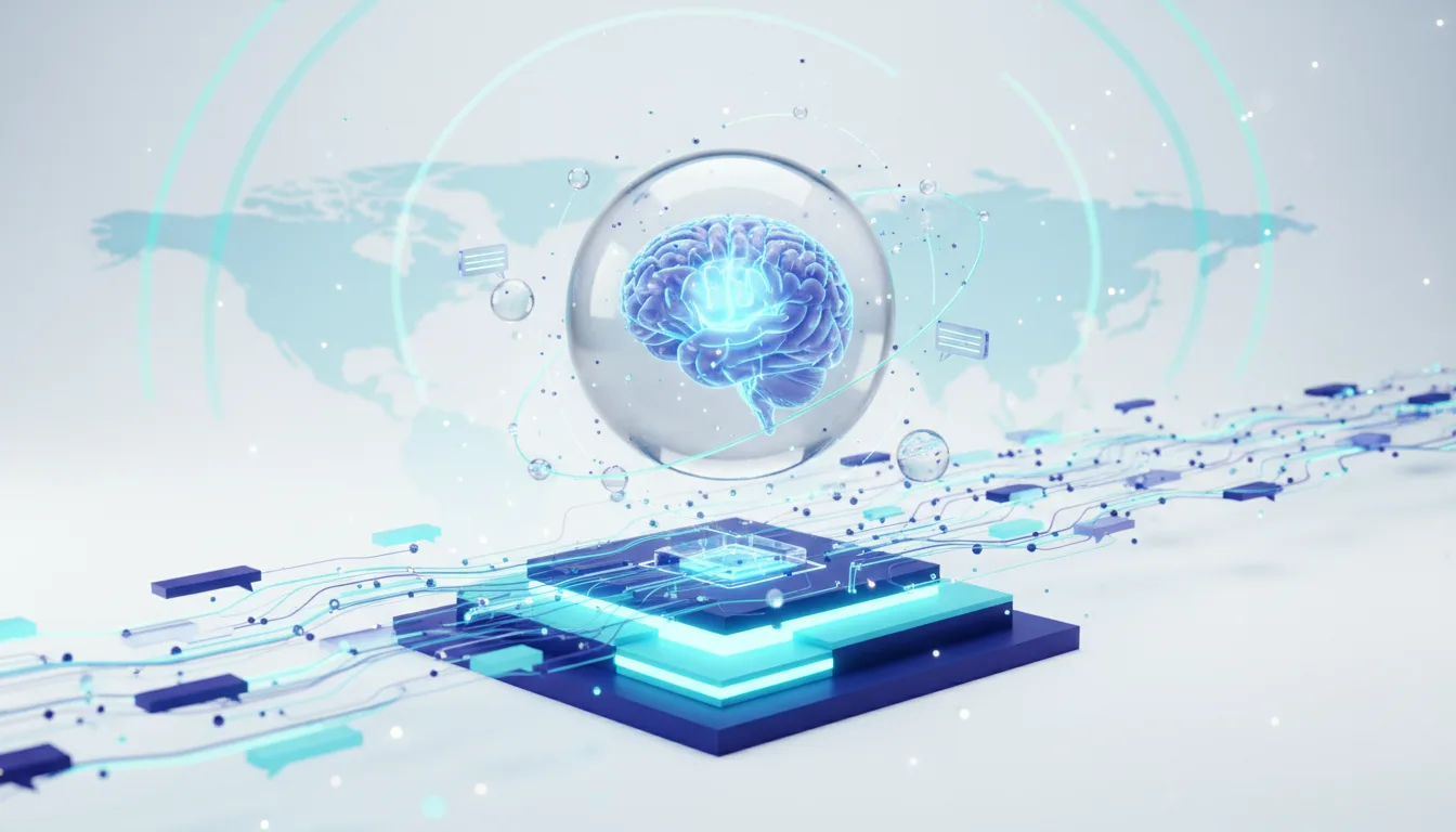 Abstract digital brain within a bubble above glowing circuits and a world map, symbolizing AI and global data integration.