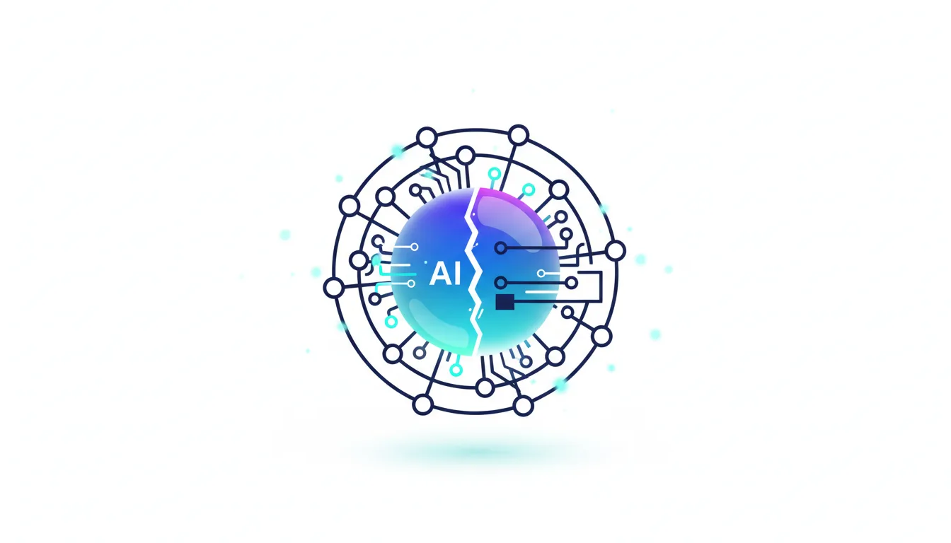 Abstract representation of AI technology with a cracked sphere and circuit board elements connected by a network.
