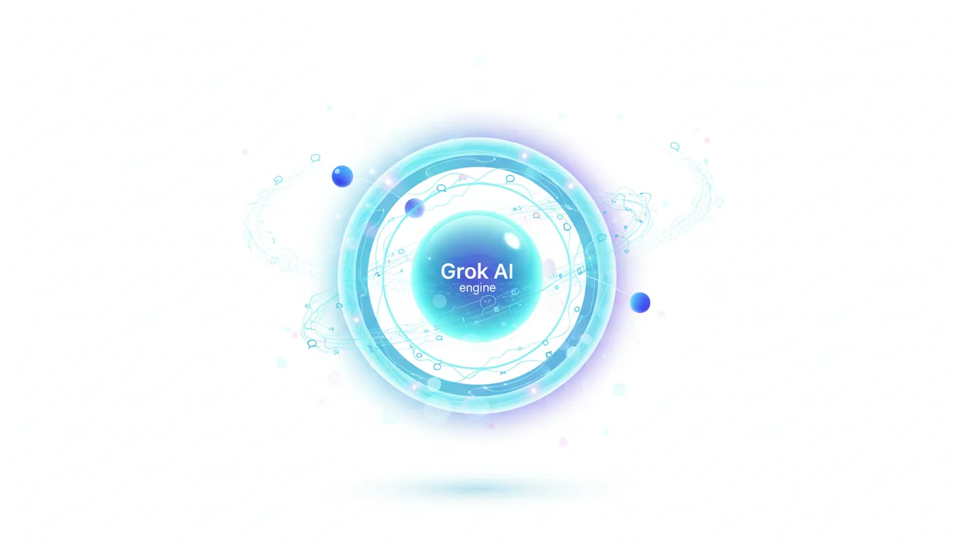 Abstract visualization of the Grok AI engine, a glowing blue sphere within concentric rings and orbiting particles.