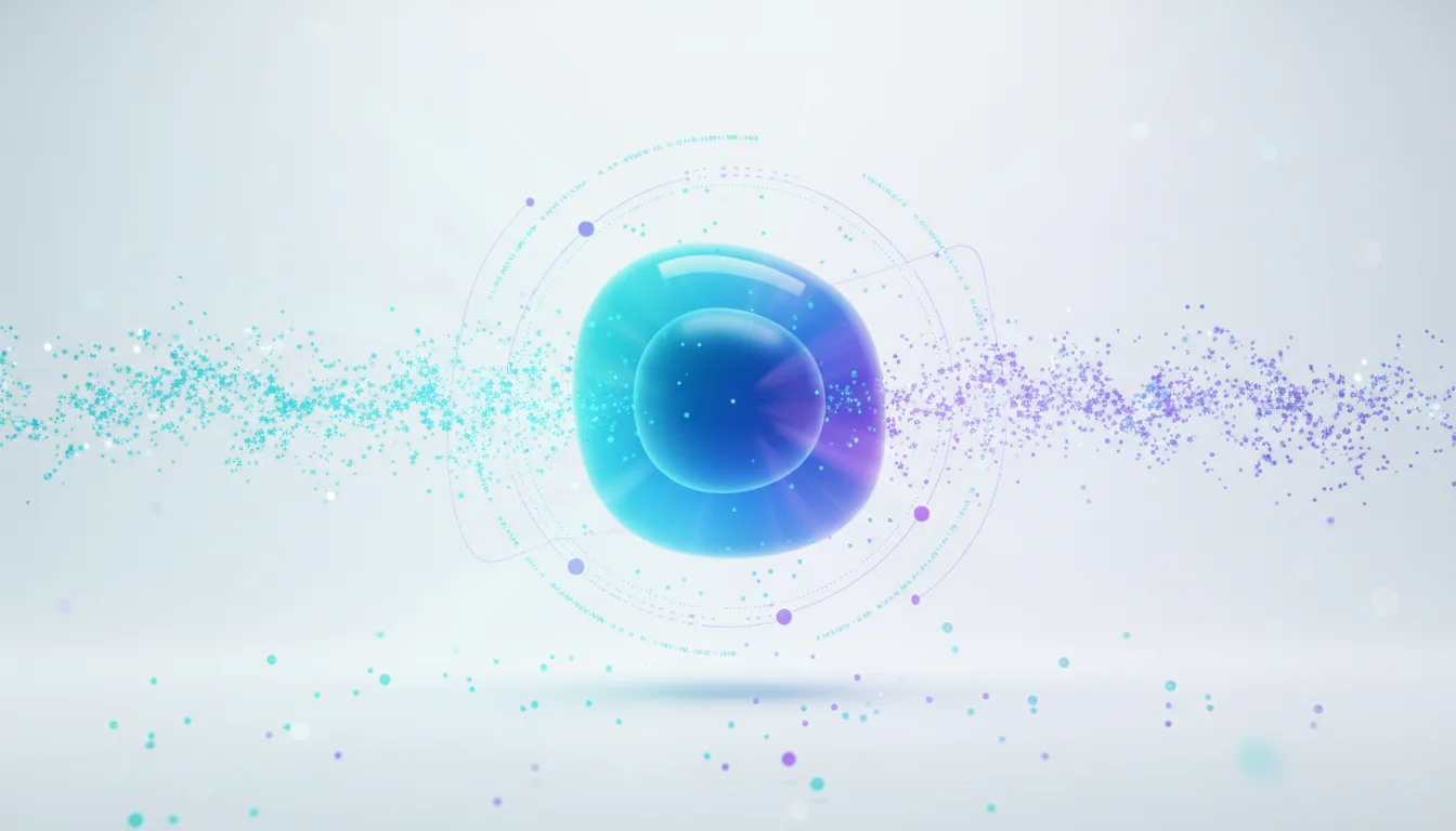 Abstract visualization of a glowing blue and purple orb surrounded by digital particles and concentric rings, representing AI algorithms.
